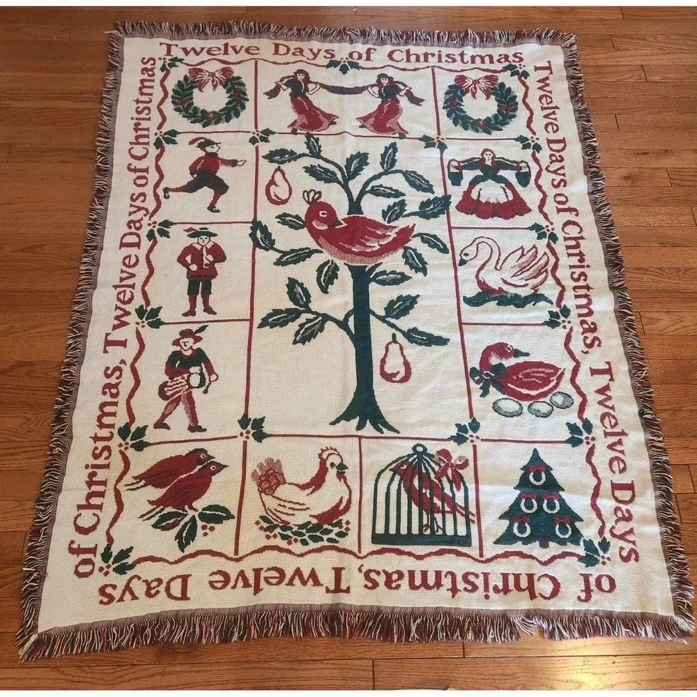 Vintage Twelve Days Of Christmas Afghan 61x50 Tan Red‎